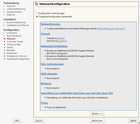 Yast's network setup dialog